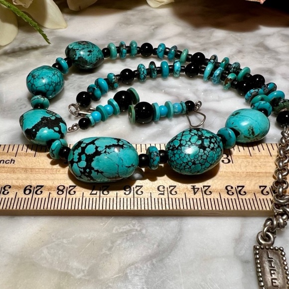 Vintage Handmade Turquoise Necklace with Onyx Solid 925 Sterling Silver+Earrings - Picture 12 of 15
